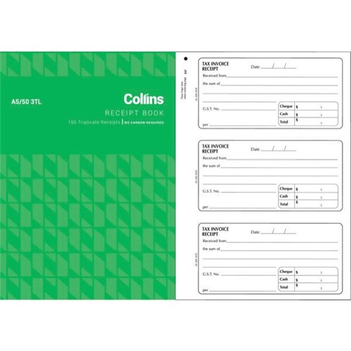 Collins A5/50 3TL Receipt Book NCR Triplicate Set of 150