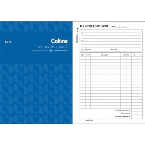 Collins A5DL Tax Invoice Book FSC NCR Duplicate Set of 100