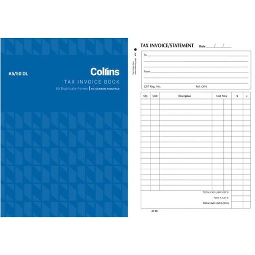 Collins A5/50DL Tax Invoice Book NCR Duplicate Set of 50