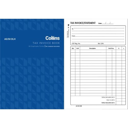Collins A5/50DLH Top Opening Tax Invoice Book NCR Duplicate, Set of 50