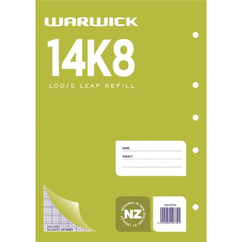 Warwick 14K8 A4 Graph Loose Leaf Refill 2mm Quad 30 Leaves