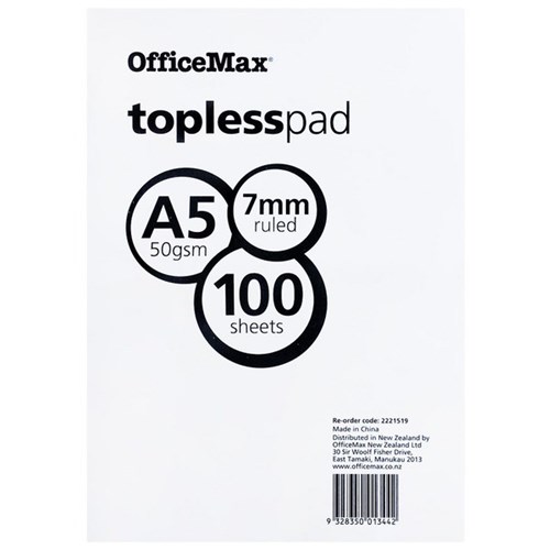 OfficeMax A5 Topless Pad 50gsm 100 Sheets Lined