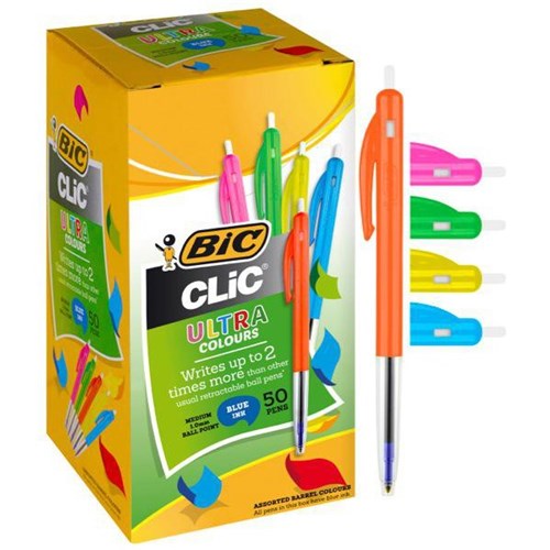 BIC Clic Blue Ballpoint Pens 1.0mm Medium Tip Colour Barrels, Box of 50