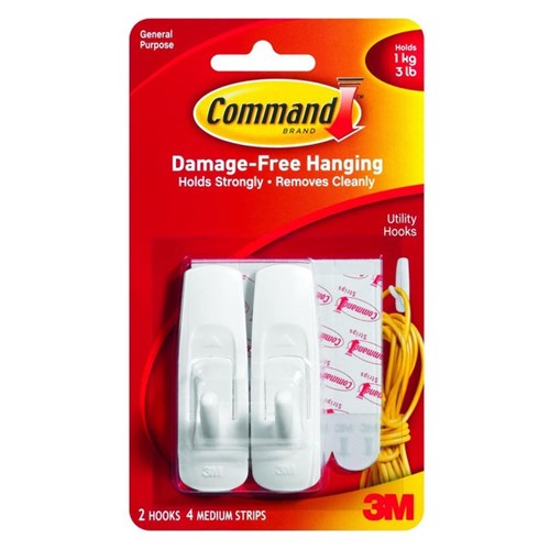 Command™ Adhesive Utility Hooks  Medium 1kg, Pack of 2