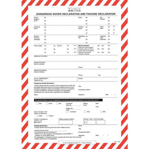 Dangerous Goods Declaration Form, Pad of 50