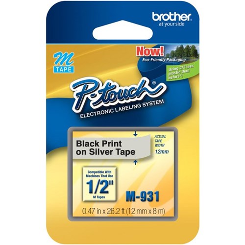 Brother Labelling Tape Cassette M-931 12mm x 8m Black on Silver