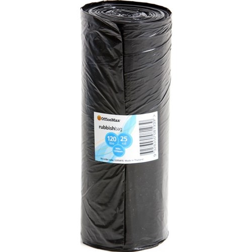 OfficeMax Rubbish Bags Plastic 900 x 1350mm 20 Micron 120L Black, Roll of 25