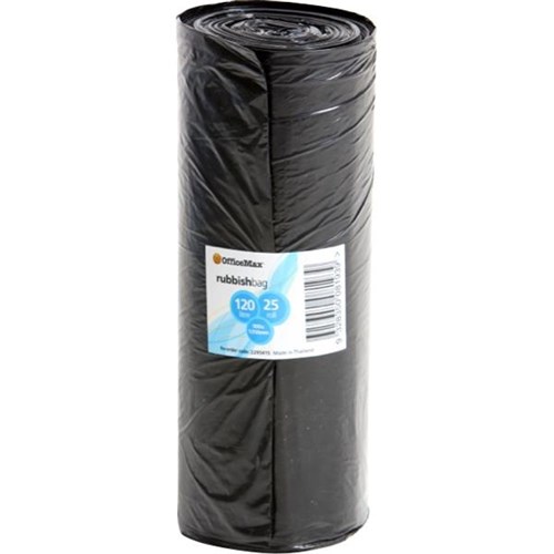 OfficeMax Rubbish Bags Plastic 900 x 1350mm 20 Micron 120L Black, Roll of 25