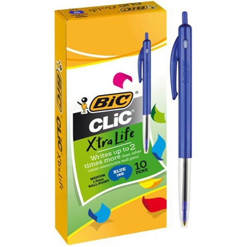 BIC Clic Blue Retractable Ballpoint Pens 1.0mm Medium Tip Blue Barrel, Pack of 10