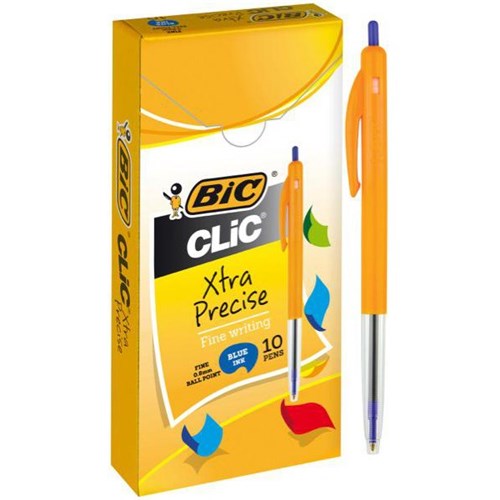 BIC Clic Blue Retractable Ballpoint Pens 0.8mm Fine Tip Orange Barrel, Pack of 10