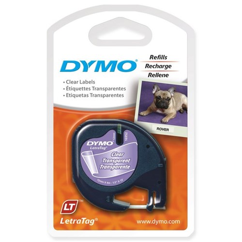 Dymo Labelling Tape Cassette LetraTag Plastic 16952 12mm x 4m Black on Clear