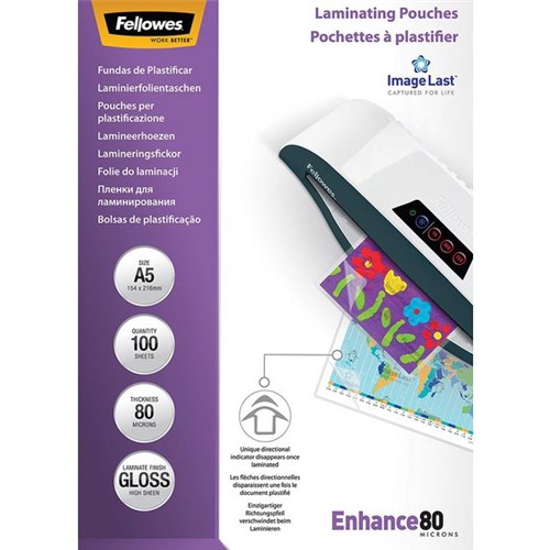Fellowes A5 Laminating Pouches Gloss 80 Micron, Pack of 100