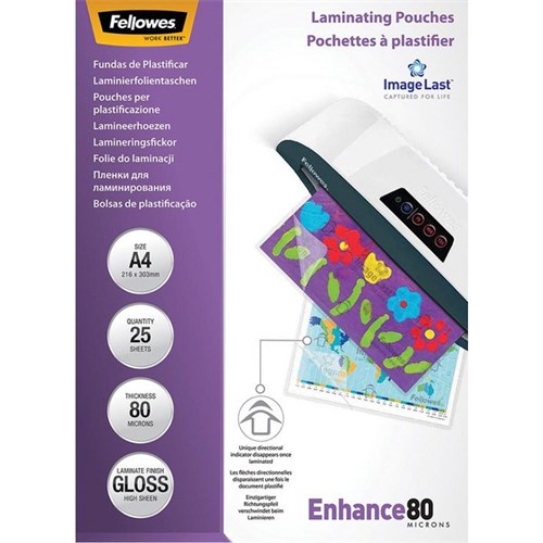 Fellowes A4 Laminating Pouches Gloss 80 Micron, Pack of 25