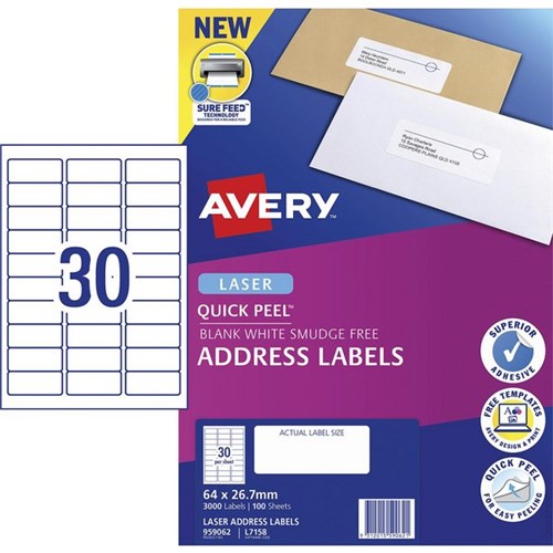Avery Quick Peel Address Laser Labels L7158 White 30 Per Sheet 100 Sheets