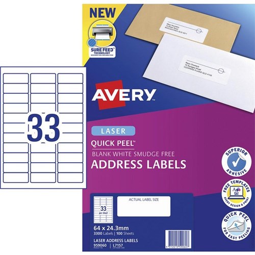 Avery Quick Peel Address Laser Labels L7157 White 33 Per Sheet 100 Sheets