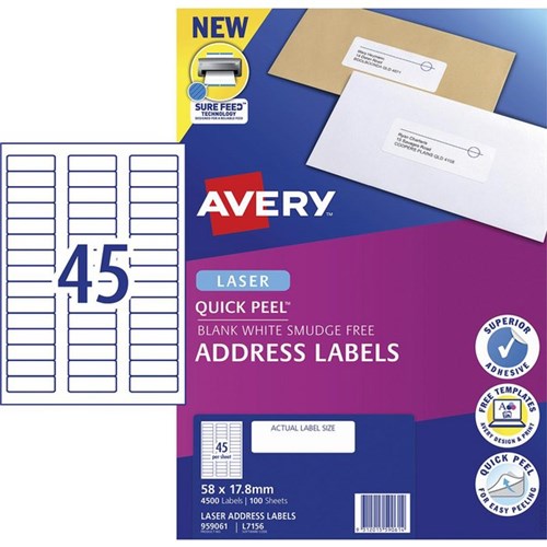 Avery Quick Peel Address Laser Labels L7156 White 45 Per Sheet 100 Sheets