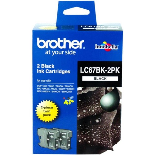 Brother LC67BK-2PK Black Ink Cartridges, Pack of 2