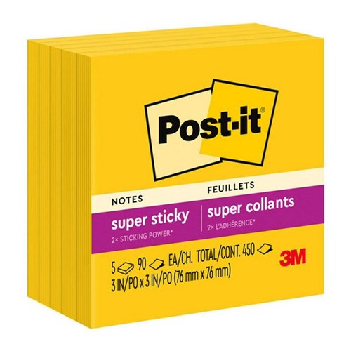 Post-it® Notes 654-5SSY Super Sticky 76x76mm Yellow, Pack of 5