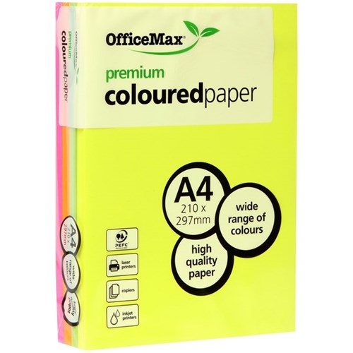 OfficeMax A4 75gsm Neon Assorted Colours Premium Coloured Copy Paper, Pack of 500