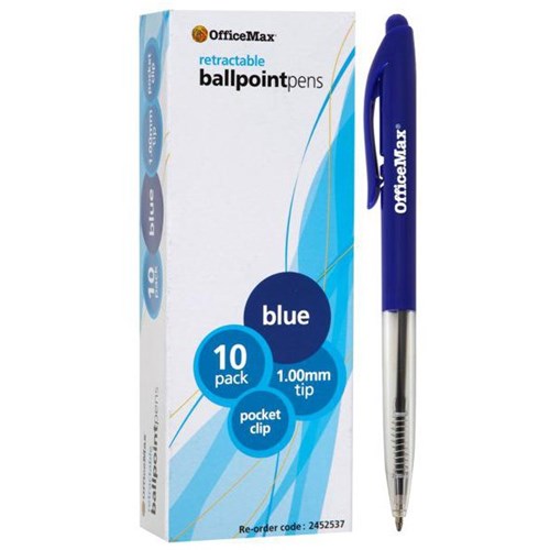 OfficeMax Blue Retractable Ballpoint Pens 1.0mm Medium Tip, Pack of 10