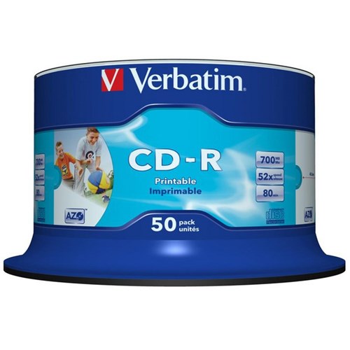 Verbatim Inkjet Printable CD-R Discs 700MB White, Spindle of 50