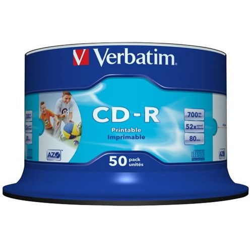 Verbatim Inkjet Printable CD-R Discs 700MB White, Spindle of 50
