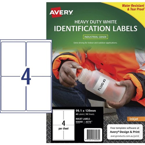 Avery Heavy Duty Identification Inkjet Labels J4774 White 4 Per Sheet