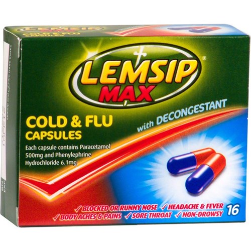 Lemsip Max Cold & Flu Capsules With Decongestant, Pack of 16