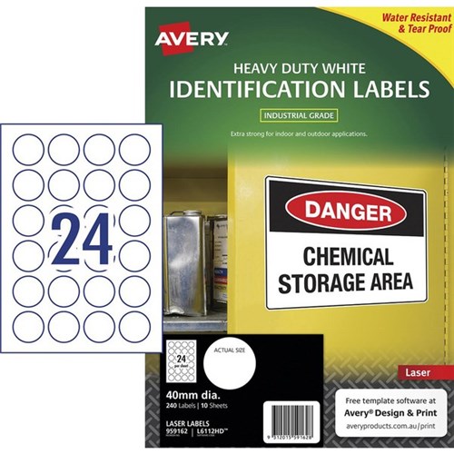 Avery Heavy Duty Identification Laser Labels L6112HD 40mm White 24 Per Sheet