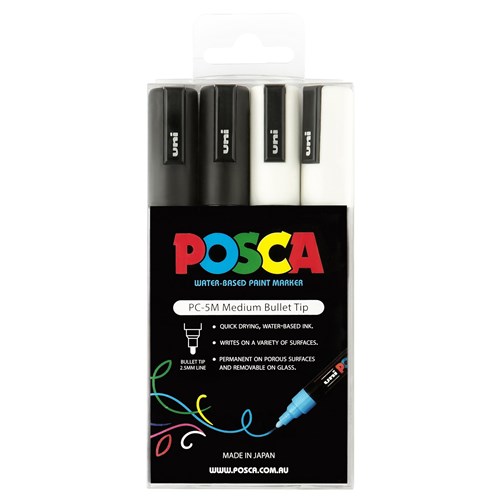 Uni Posca Paint Marker Medium Bullet Tip Black/White, Pack of 4