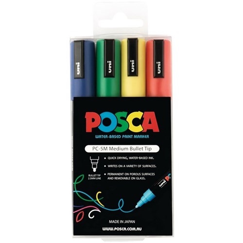 Uni Posca Paint Marker Medium Bullet Tip Assorted Colours, Pack of 4