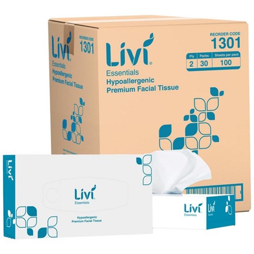 Livi Essentials Facial Tissues 2 Ply 100 Sheets, Carton of 30