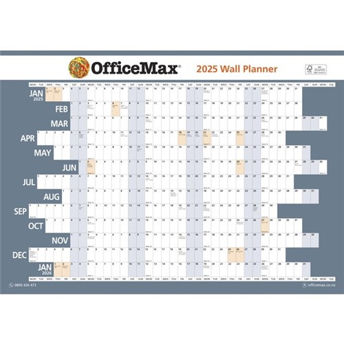 OfficeMax A2 Dated Year Wall Planner Double Sided Laminated 594x420mm 2025