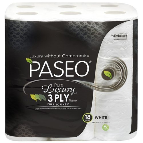 Paseo Pure Luxury Toilet Tissue 3 Ply 180 Sheets, Pack of 18
