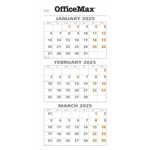 OfficeMax Wall Calendar Three Months To View 290x620mm 2025