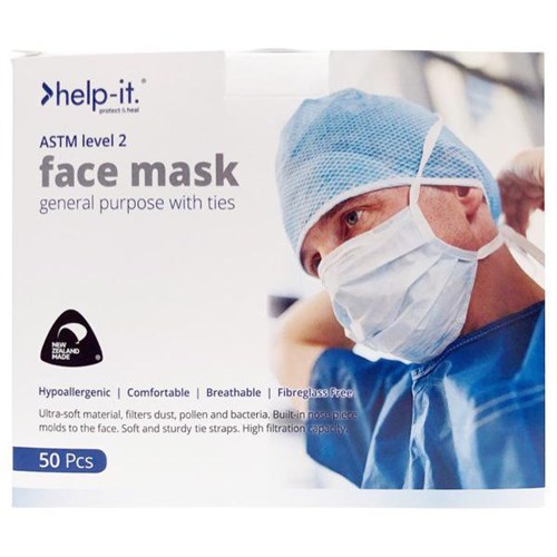 Help-It Disposable Mask ASTM Level 2 Tie-On Adult Size, Box of 50