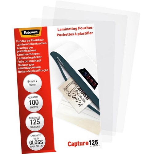 Fellowes 54x86mm Laminating Pouches Gloss 125 Micron, Pack of 100