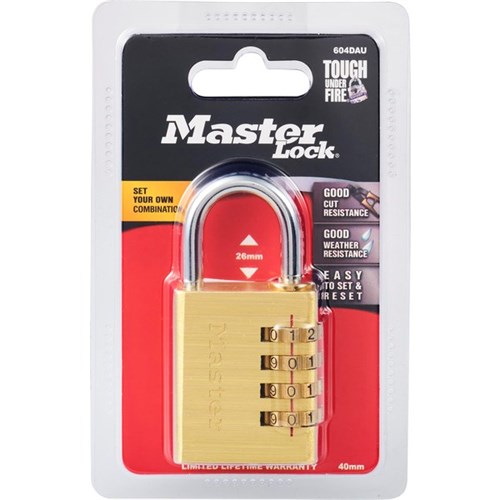 Masterlock Resettable 4 Digit Combination Brass Body Padlock 40mm