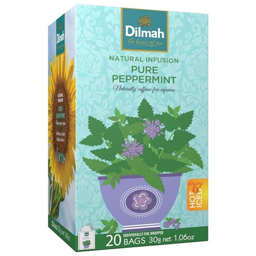 Dilmah Pure Peppermint Tea Individually Foil Wrapped Tea Bags, Box of 20