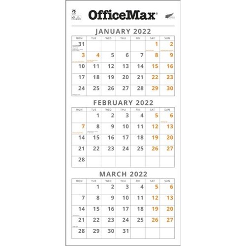 Officemax Wall Calendar 3 Month Per View 290X620Mm 2022 | Officemax Nz