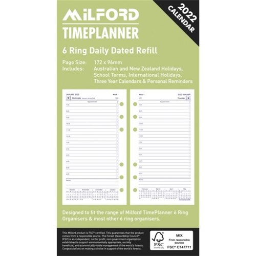 Milford Timeplanner Diary 6 Ring Refill Daily Dated 2022 | OfficeMax NZ