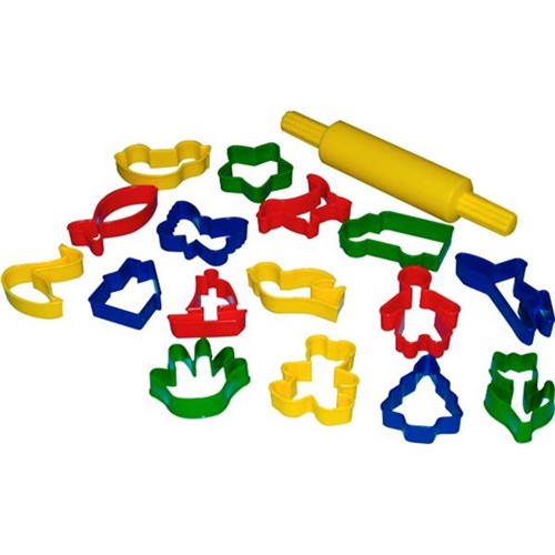 Plastic Dough Cookie Cutter Shapes Plus Rolling Pin, Set of 17