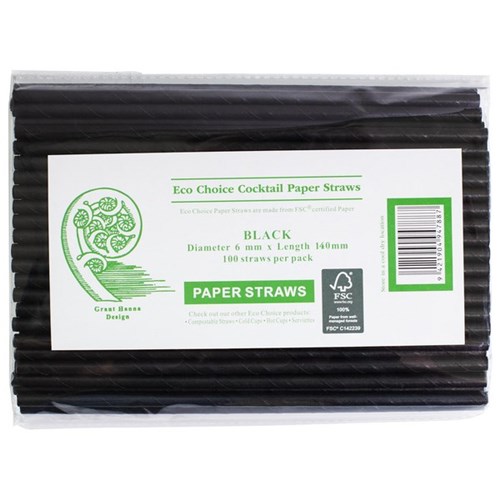 Eco Choice Compostable Paper Straws Cocktail 6x140mm Black, Pack of 100