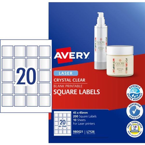 Avery Crystal Clear Square Laser Labels L7126 20 Per Sheet