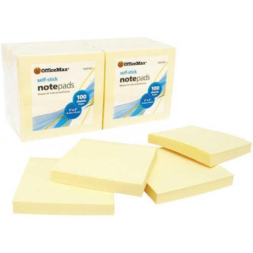 OfficeMax Self-Stick Notes 76x76mm Yellow 100 Sheets, Pack of 12