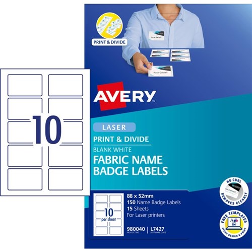 Avery Fabric Name Badge Labels L7427 White 10 Per Sheet
