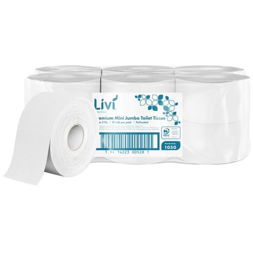 Livi Essentials Mini Jumbo Toilet Paper 2 Ply 170m, Carton of 12 Rolls