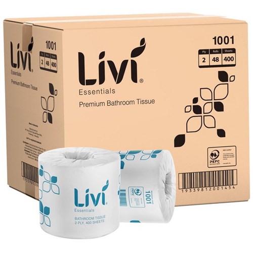 Livi Essentials Toilet Paper Wrapped 2 Ply 400 Sheets, Carton of 48 Rolls
