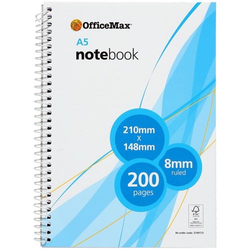 OfficeMax A5 Spiral Notebook 8mm Ruled 200 Pages FSC