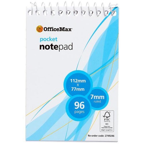OfficeMax Spiral Notebook 112x77mm 7mm Ruled Top Opening 96 Pages FSC